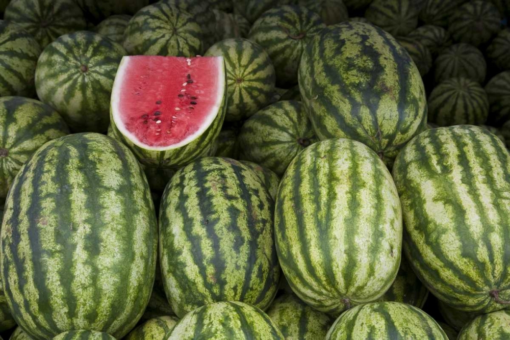 UAE, Abu Dhabi Watermelons on display at market